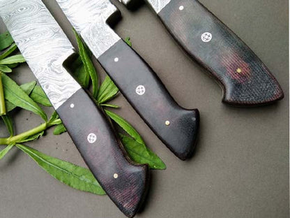 HS-253 Custom Handmade Damascus Kitchen-Chef Knives Set Lot Of 3 Pecs With Buffalo Horn Handle