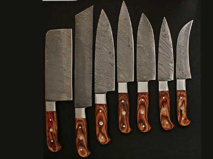 HS-237 Custom Handmade Damascus Kitchen-Chef Knives Set Lot Of 7 Pecs With Camel Bone Handle