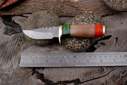 HS-794 Six Inch Custom Handmade Damascus Skinner Knife With Wood & Bone Handle