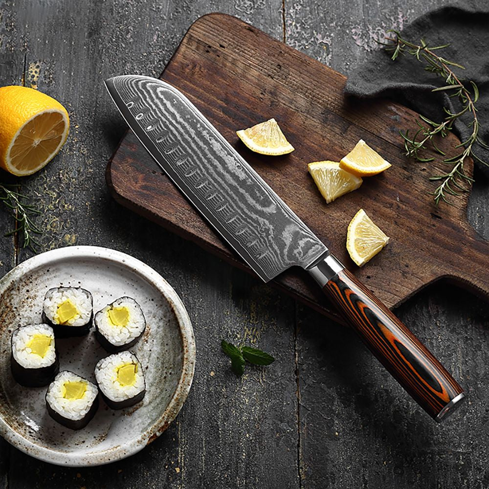 HS-175 Custom Handmade Damascus Six Pecs Kitchen/Chef Knives - Hard Wood Handle