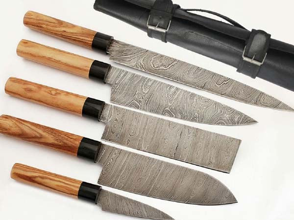 HS-247 Custom Handmade Damascus Japanese Style Kitchen-Chef knives Set Lot Of Six Pecs With Bone + Hard Wood Handle
