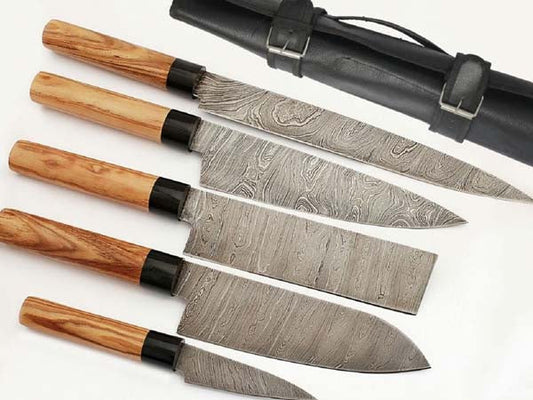 HS-247 Custom Handmade Damascus Japanese Style Kitchen-Chef knives Set Lot Of Six Pecs With Bone + Hard Wood Handle