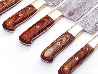 HS-250 Custom Handmade Damascus Kitchen-Chef Knives Set Lot Of Five Pecs With Hard Wood Handle