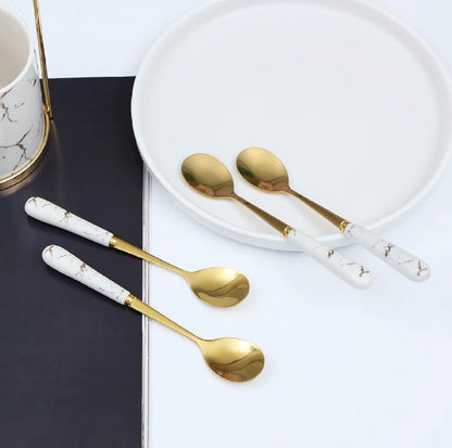 HS Cutlery | Stainless Steel Teaspoons Set- Set of 6 Tea spoon Set with Stand- Marble Finish Handle