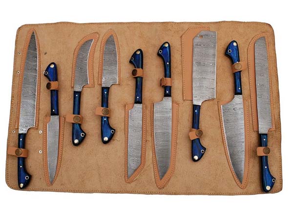 HS-236 Custom Handmade Damascus Kitchen-Chef Knives Set Lot Of Nine Pecs With Camel Bone Handle