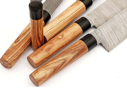 HS-247 Custom Handmade Damascus Japanese Style Kitchen-Chef knives Set Lot Of Six Pecs With Bone + Hard Wood Handle