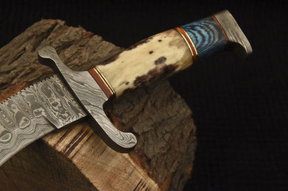 HS-528 Custom Handmade Damascus Hunting Knife With Camel Bone & Hard Wood Handle