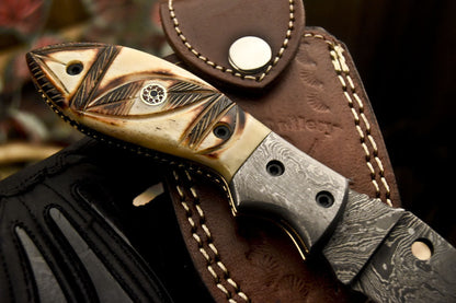 Custom Handmade Damascus Folding/Pocket Knife With Engraved Camel Bone Handle