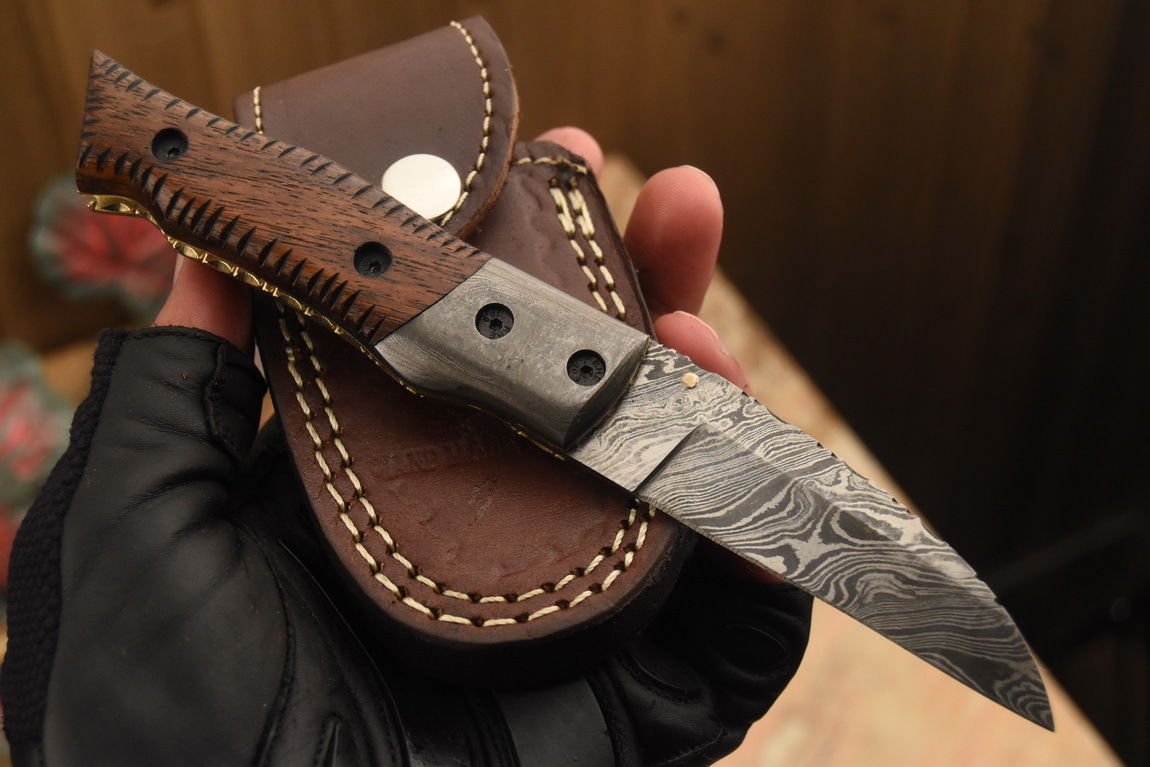 Custom Handmade Damascus Folding/Pocket Knife Liner Lock With Wood Handle