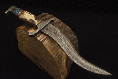 HS-528 Custom Handmade Damascus Hunting Knife With Camel Bone & Hard Wood Handle