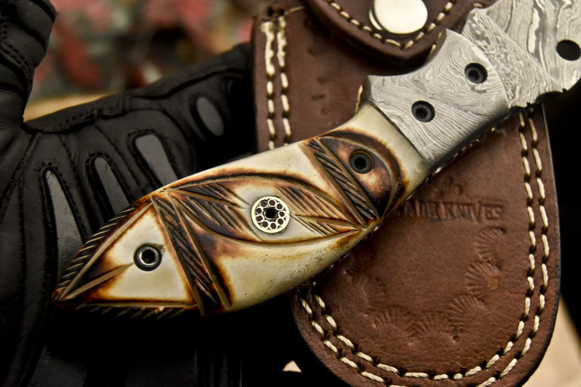 Custom Handmade Damascus Folding/Pocket Knife With Engraved Camel Bone Handle