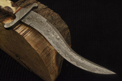 HS-528 Custom Handmade Damascus Hunting Knife With Camel Bone & Hard Wood Handle