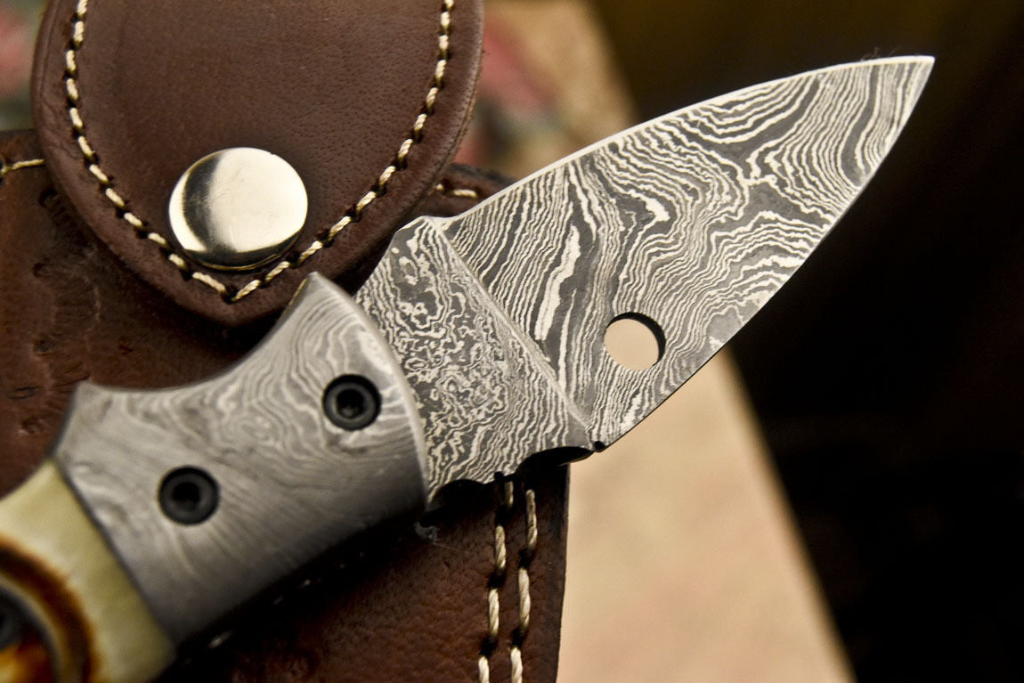 Custom Handmade Damascus Folding/Pocket Knife With Engraved Camel Bone Handle