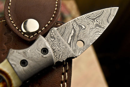 Custom Handmade Damascus Folding/Pocket Knife With Engraved Camel Bone Handle