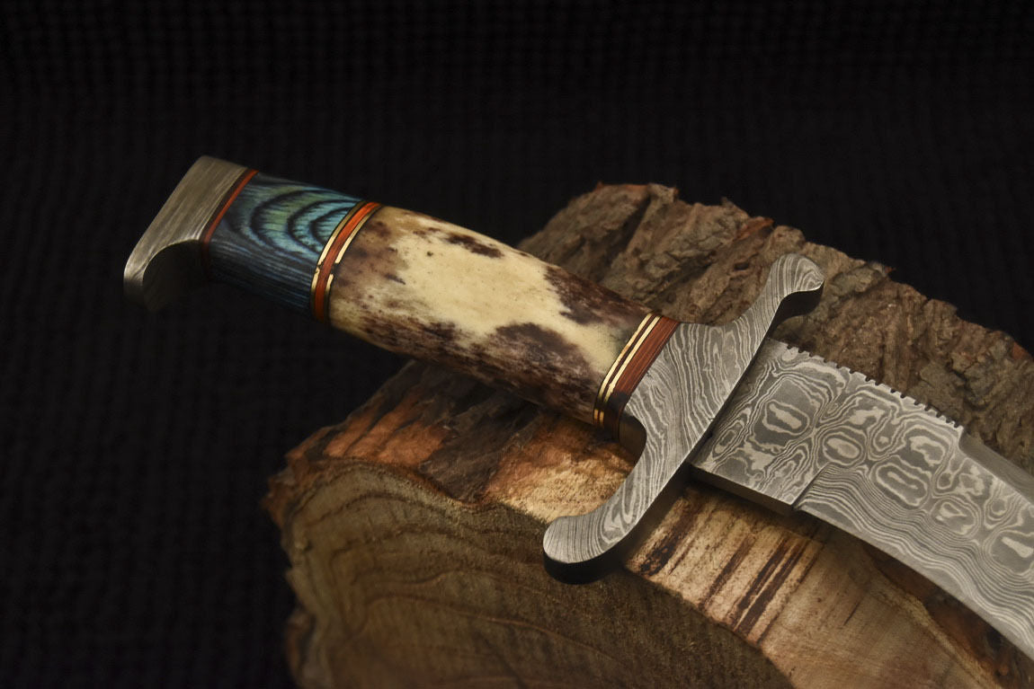 HS-528 Custom Handmade Damascus Hunting Knife With Camel Bone & Hard Wood Handle