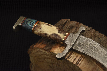 HS-528 Custom Handmade Damascus Hunting Knife With Camel Bone & Hard Wood Handle