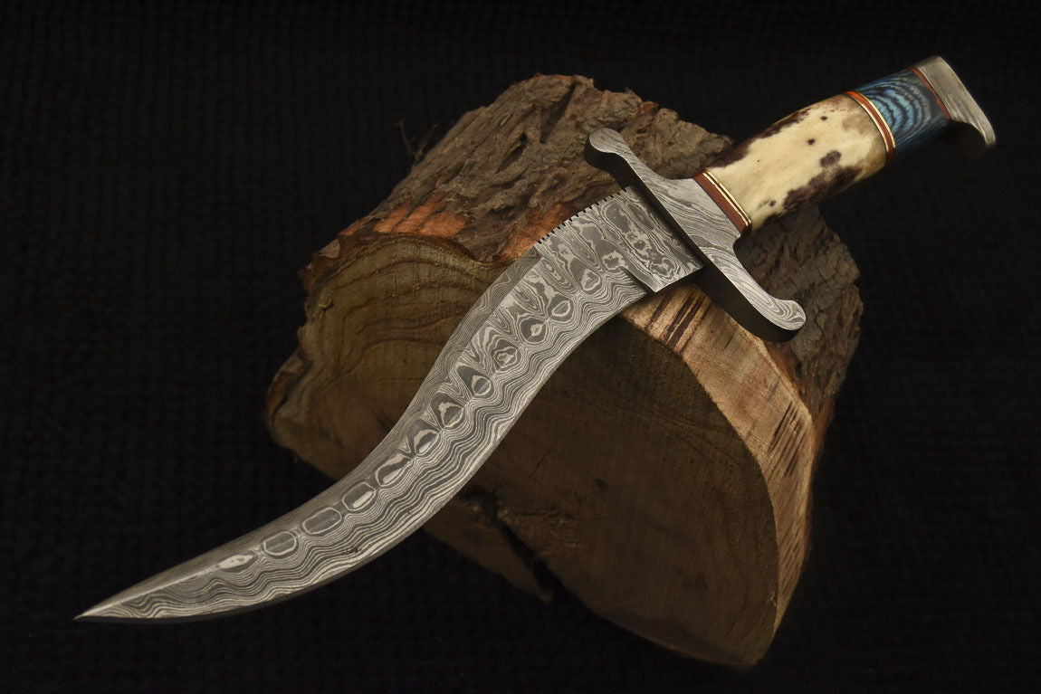 HS-528 Custom Handmade Damascus Hunting Knife With Camel Bone & Hard Wood Handle