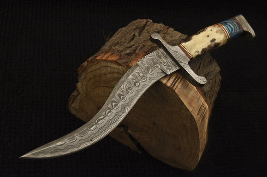 HS-528 Custom Handmade Damascus Hunting Knife With Camel Bone & Hard Wood Handle