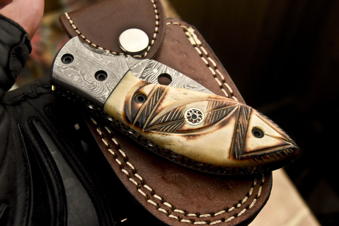 Custom Handmade Damascus Folding/Pocket Knife With Engraved Camel Bone Handle