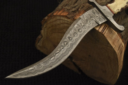 HS-528 Custom Handmade Damascus Hunting Knife With Camel Bone & Hard Wood Handle