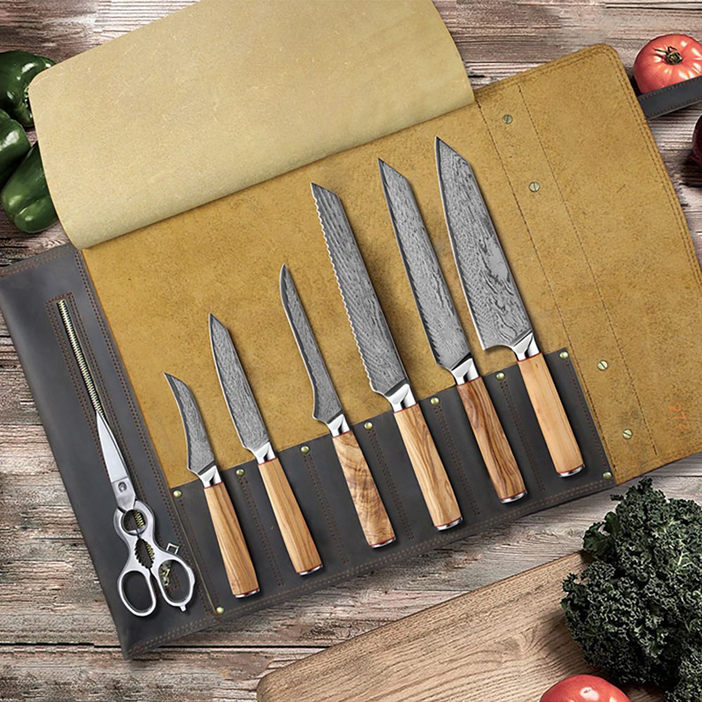 HS-178 Custom Handmade Damascus Eight Pecs Kitchen/Chef Knives - Wood Handle