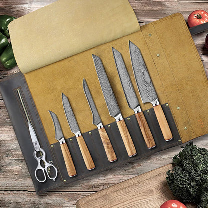 HS-178 Custom Handmade Damascus Eight Pecs Kitchen/Chef Knives - Wood Handle