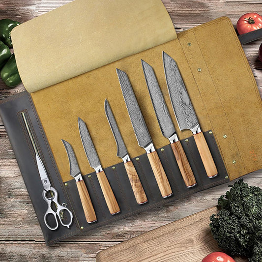 HS-178 Custom Handmade Damascus Eight Pecs Kitchen/Chef Knives - Wood Handle