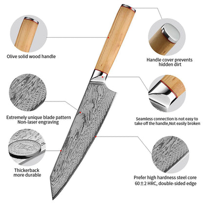 HS-178 Custom Handmade Damascus Eight Pecs Kitchen/Chef Knives - Wood Handle
