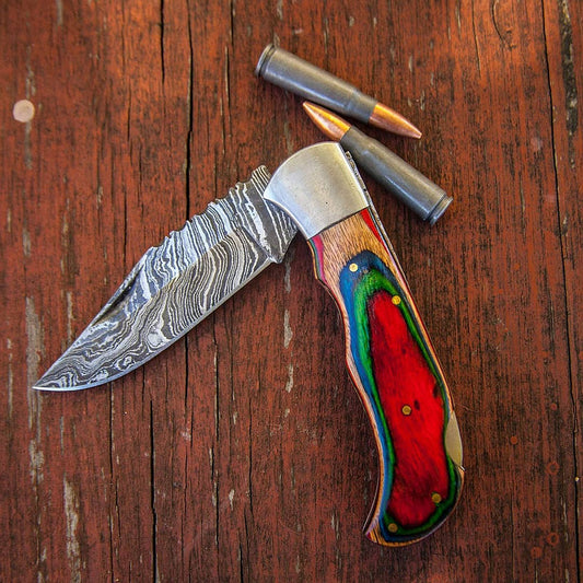 Custom Handmade Damascus Steel Back-Lock Pocket | Folding Knife | Leather Sheath-Black Wood Handle