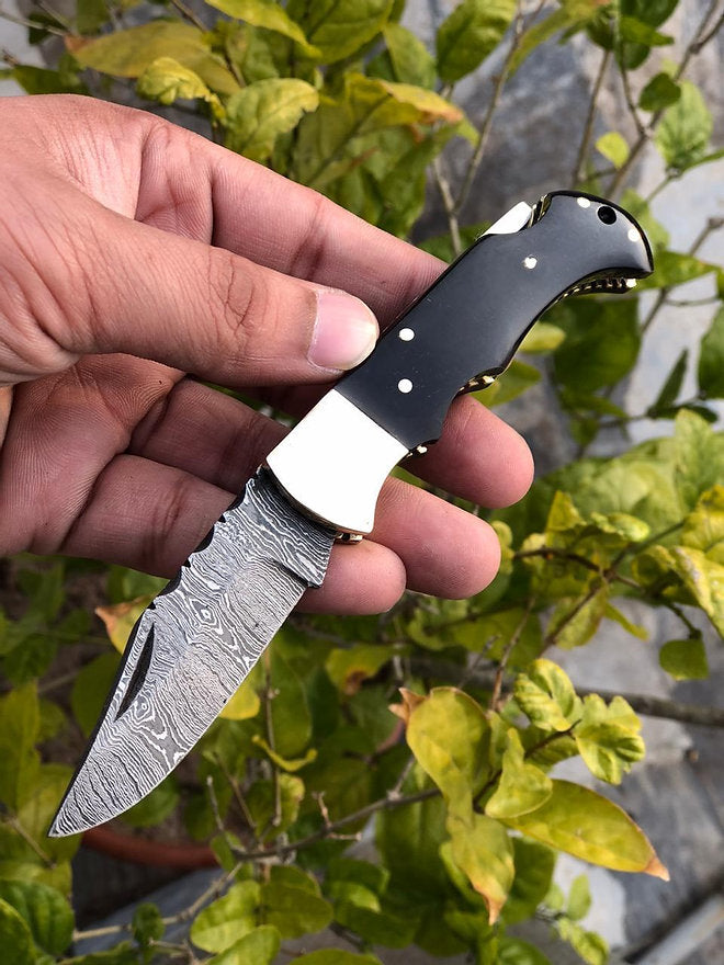 Custom Handmade Damascus Steel Back-Lock Pocket | Folding Knife | Leather Sheath-Black Wood Handle