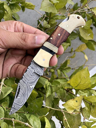 Custom Handmade Damascus Steel Back-Lock Pocket | Folding Knife | Leather Sheath-Hard Wood & Bone Handle