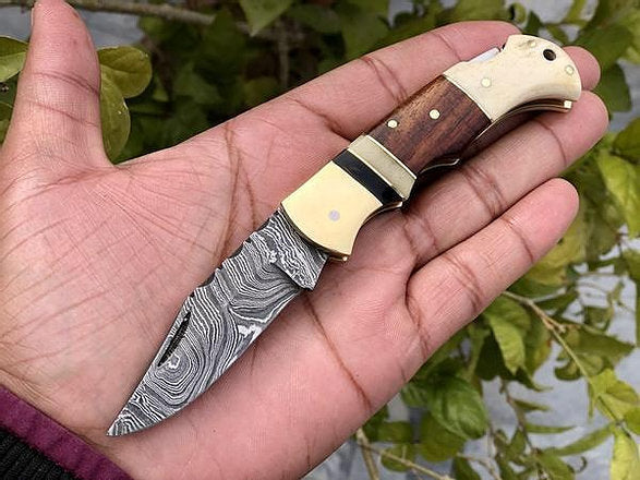 Custom Handmade Damascus Steel Back-Lock Pocket | Folding Knife | Leather Sheath-Hard Wood & Bone Handle