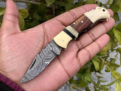 Custom Handmade Damascus Steel Back-Lock Pocket | Folding Knife | Leather Sheath-Hard Wood & Bone Handle