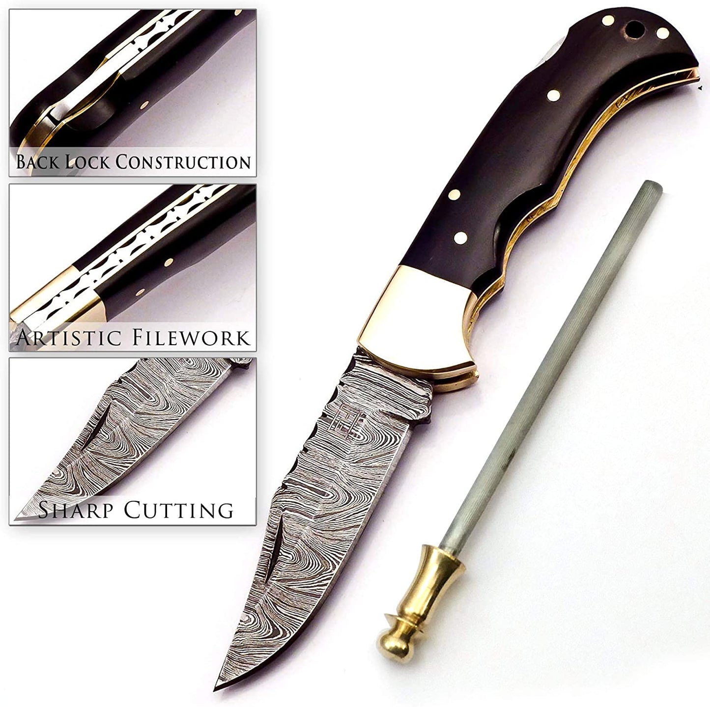 Custom Handmade Damascus 6.5 Inch Pocket Knife for Men Best EDC Camping Knife