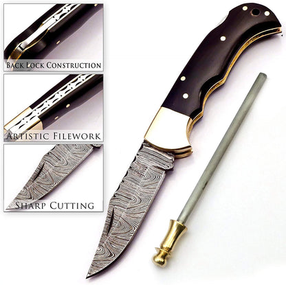 Custom Handmade Damascus 6.5 Inch Pocket Knife for Men Best EDC Camping Knife