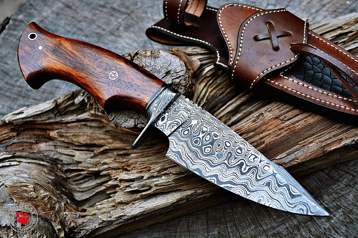 HS-533 Custom Handmade Hunting Knife Bowie Knife Damascus Steel Survival Knife EDC 10'' Overall Walnut Wood with Sheath