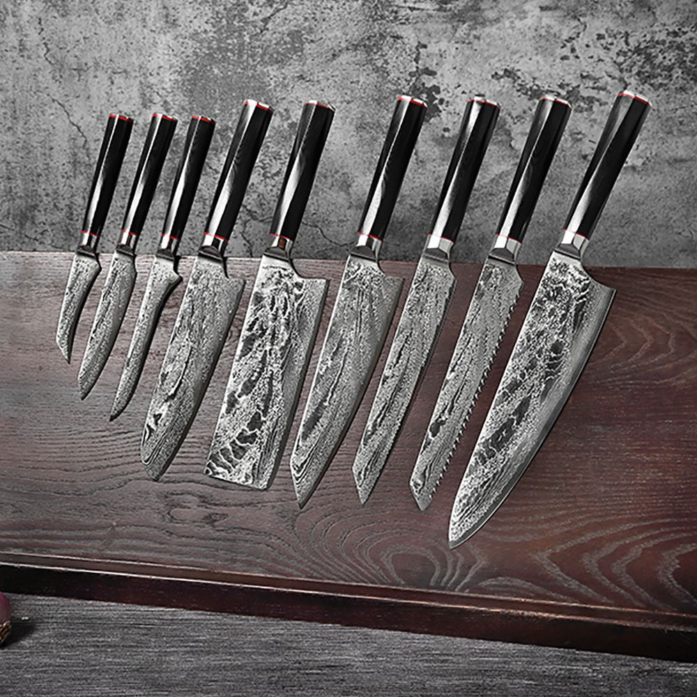 HS-179 Custom Handmade Damascus Nine Pecs Kitchen/Chef Knives - Black Handle