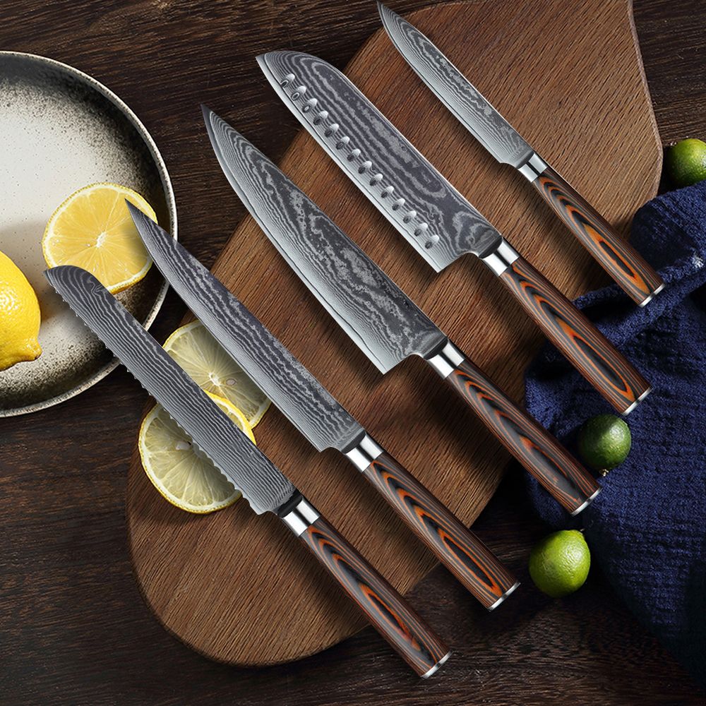 HS-175 Custom Handmade Damascus Six Pecs Kitchen/Chef Knives - Hard Wood Handle