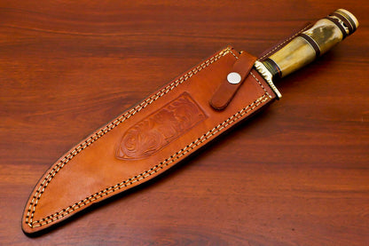 HS-489 Custom Handmade Damascus Bowie-Hunting Knife With Camel Bone Handle