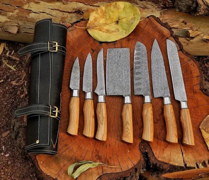 7-Piece Damascus Steel Kitchen Knife Set — Olive Wood Handle - HS 1250