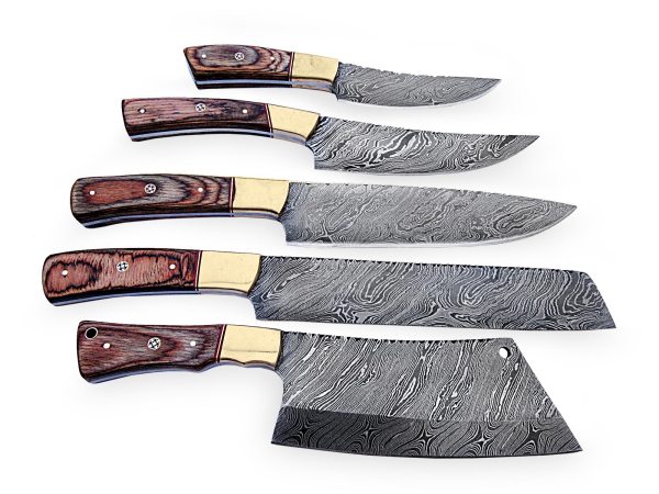 HS-242  Custom Handmade Damascus Kitchen-Chef Knives Set Lot Of Five Pecs With Hard Wood Handle