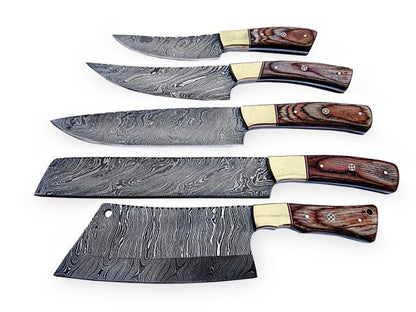 HS-242  Custom Handmade Damascus Kitchen-Chef Knives Set Lot Of Five Pecs With Hard Wood Handle