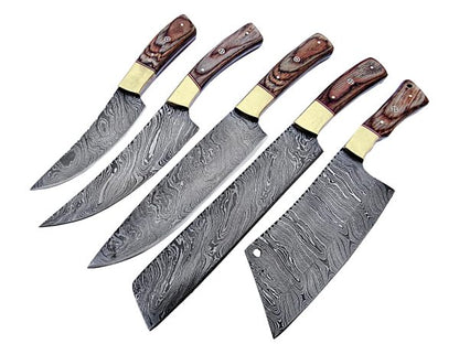 HS-242  Custom Handmade Damascus Kitchen-Chef Knives Set Lot Of Five Pecs With Hard Wood Handle