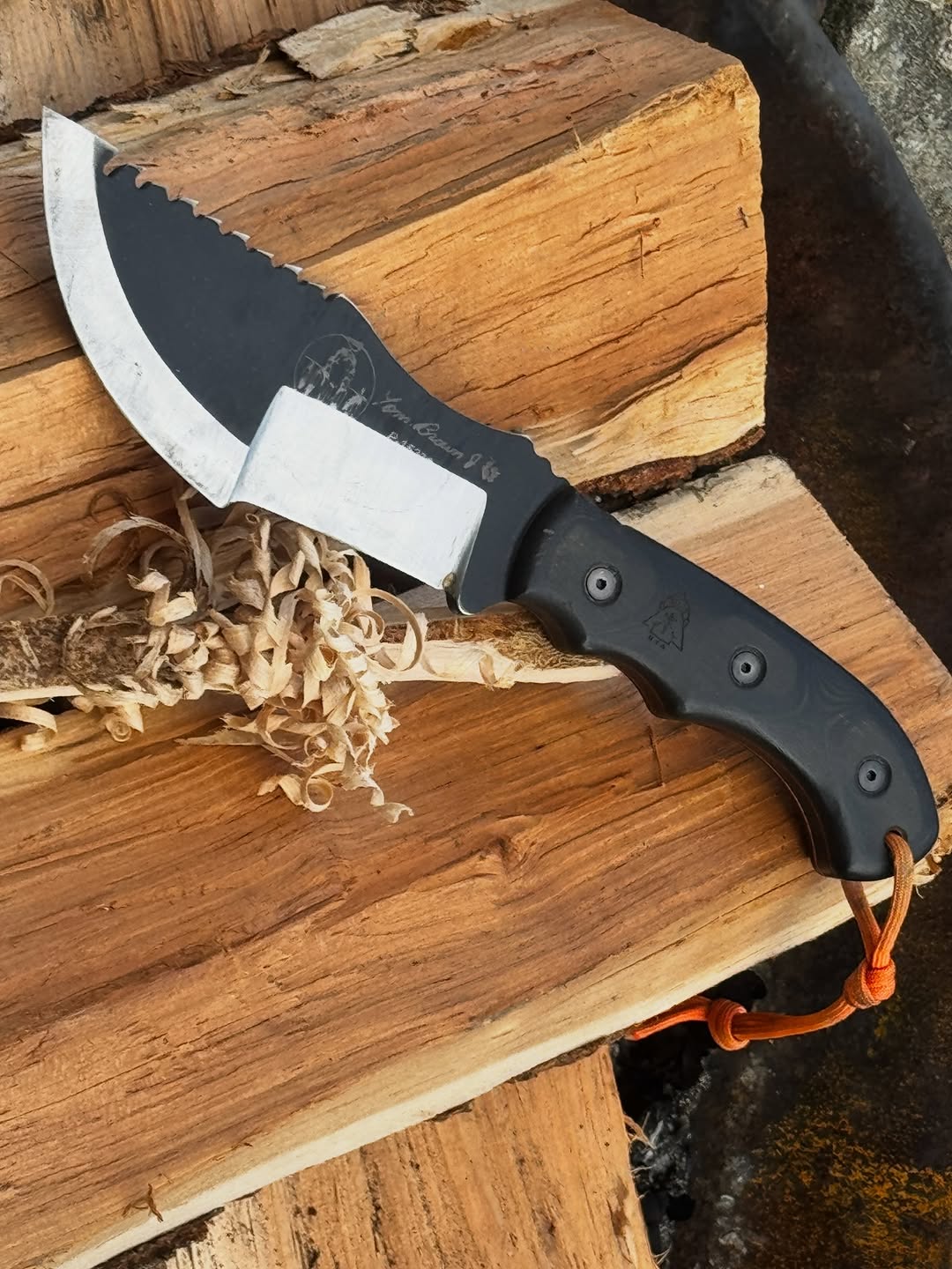 A fixed-blade knife with a black handle and partially serrated blade, resting on a rustic wood log with wood shavings nearby.