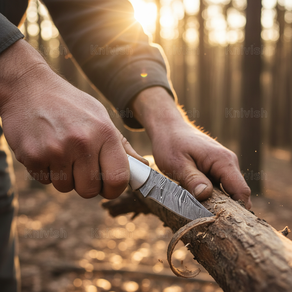 Rugged hands using Damascus steel folding pocket knife with stag antler handle to cut wood outdoors action  shot
