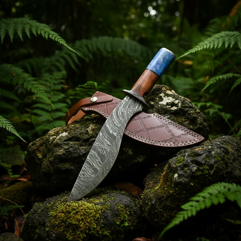 A custom Damascus steel fixed-blade knife with a blue and brown handle, displayed in a forest setting on mossy rocks next to its brown leather sheath.