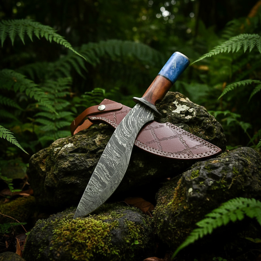 A custom Damascus steel fixed-blade knife with a blue and brown handle, displayed in a forest setting on mossy rocks next to its brown leather sheath.