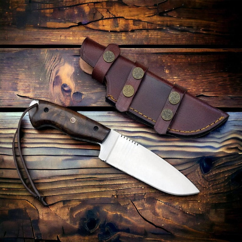 Handmade D2 hunting knife with dark Rosewood handle, leather lanyard and brown Italian cowhide sheath