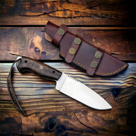 Handmade D2 hunting knife with dark Rosewood handle, leather lanyard and brown Italian cowhide sheath