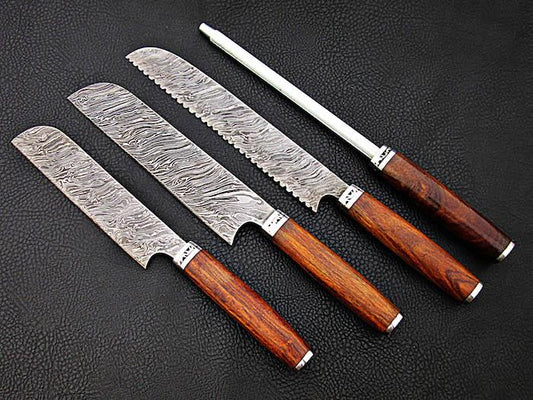HS-207 Custom Handmade Damascus KItchen-Chef Knives Set Lot Of 4 Pecs With wood Handle